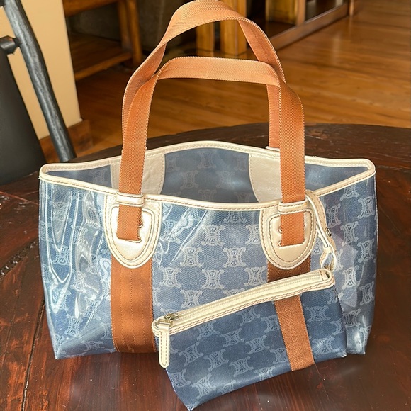 Celine Clear PVC Shoulder Tote Blue Pattern Brown Nylon Handle Zip Pouch Unisex - Picture 2 of 15